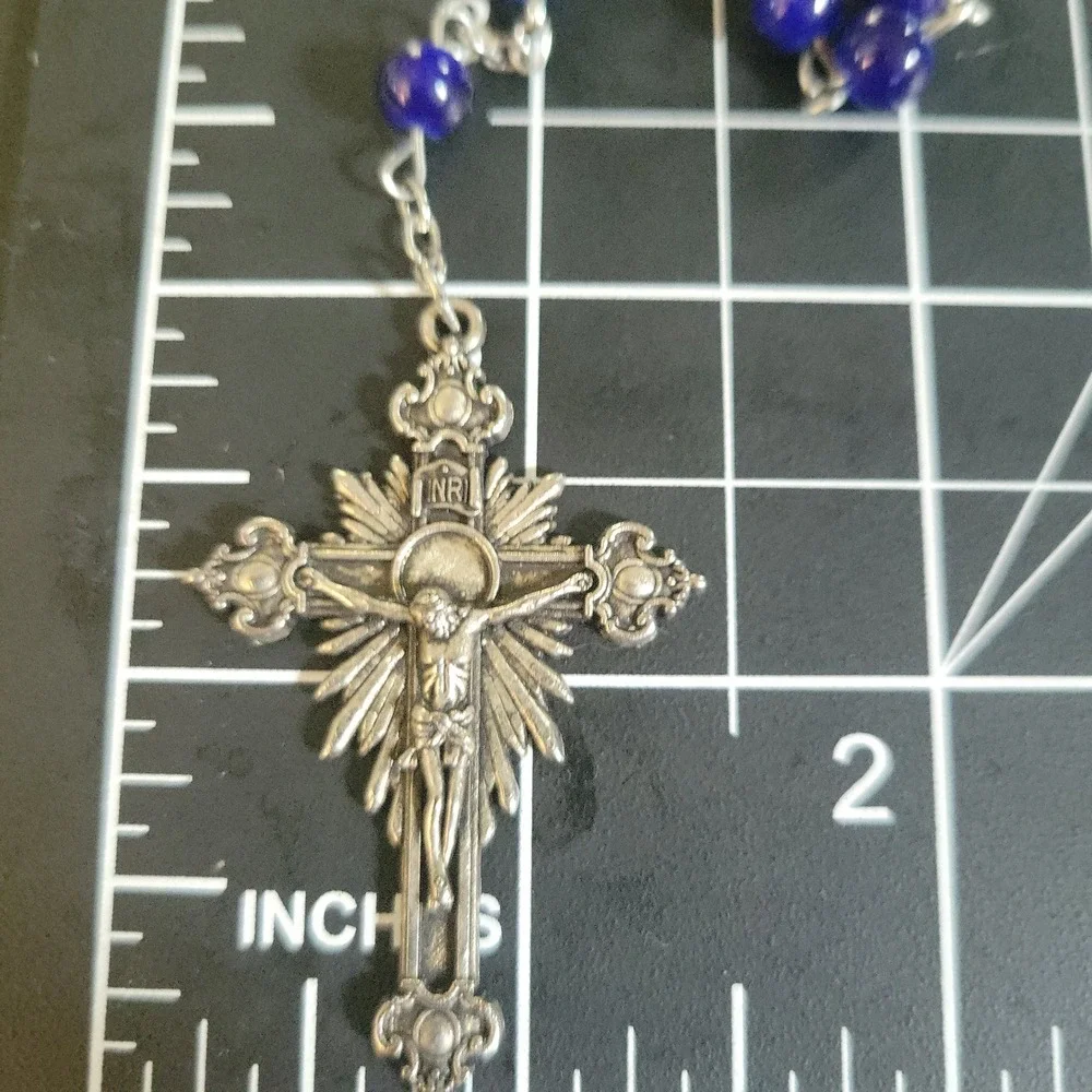 Purple Glass Bead Rosary Fatima 1917-2017 Silver Tone Crucifix 28 Inch Gothic